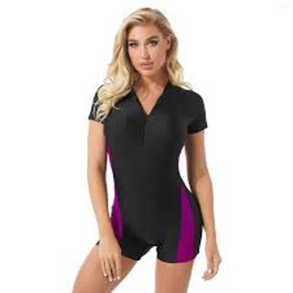 NWT IEFIEL BLACK/PINK RASH GUARD SHORT SLEEVE ZIP ONE PIECE SWIMSUIT/WETSUIT XXL - Picture 3 of 10